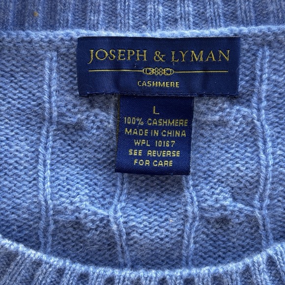 Joseph & Lyman 100% Cashmere Cable Knit Sweater Blue Mens Large Crewneck Hole - Picture 2 of 7